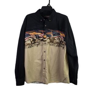 Bit & Bridle Men's Large Black " American Flag & Horses " Western Button Down